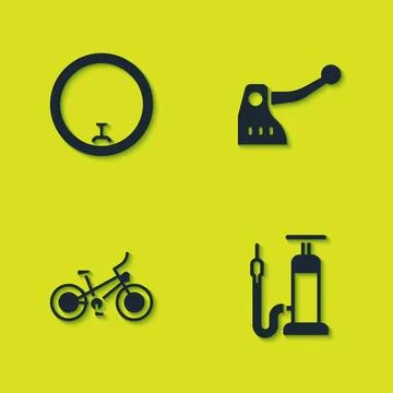 Set Bicycle wheel, air pump,  and brake icon. Vector Illustration