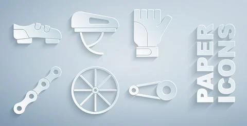 Set Bicycle wheel, Gloves, chain, with gear, helmet and shoes icon. Vector Ilustración de archivo