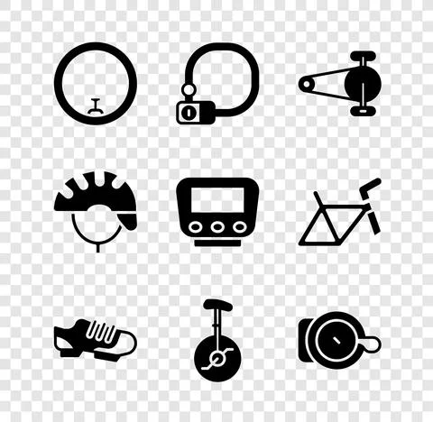 Set Bicycle wheel, lock, chain with gear, shoes, Unicycle or one bicycle, bell Ilustración de archivo