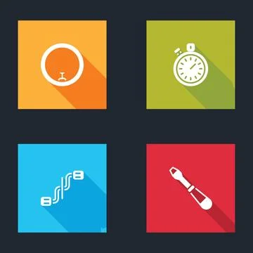 Set Bicycle wheel, Stopwatch, pedals and Screwdriver icon. Vector Stock Illustration
