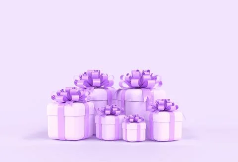 Set of big and small white gift boxes with purple ribbons and bows, standing on イラスト素材