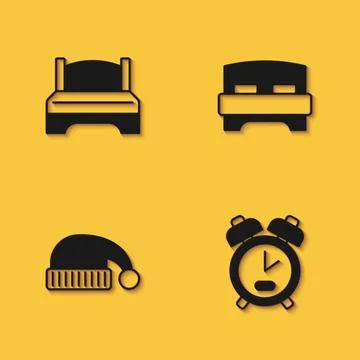 Set Big bed, Alarm clock, Sleeping hat and icon with long shadow. Vector Stock Illustration