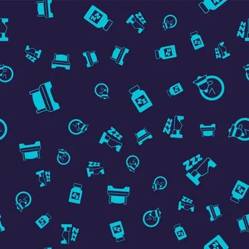 Set Big bed, Alarm clock, Sleeping pill and Time to sleep on seamless pattern Stock Illustration