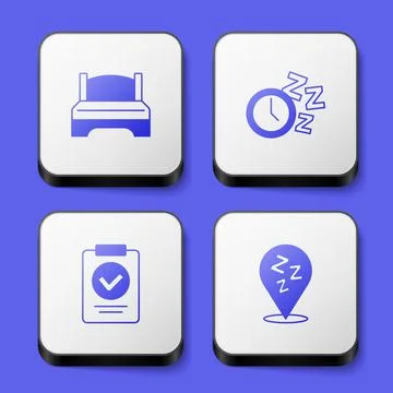 Set Big bed, Alarm clock, Medical prescription and Sleepy icon. White square  Stock Illustration