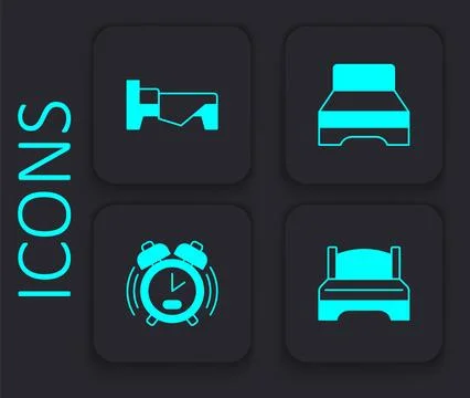 Set Big bed, Bed, and Alarm clock icon. Black square button. Vector Illustrazione stock