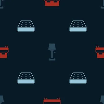 Set Big bed, Floor lamp and Mattress on seamless pattern. Vector Stock Illustration