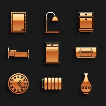 Set Big bed, Heating radiator, Vase, TV table stand, Clock, Bed, Furniture .. Ilustración de archivo