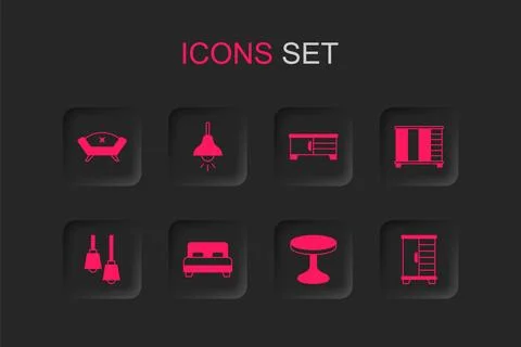 Set Big bed, Lamp hanging, Sofa, Round table, Wardrobe, TV stand and  icon... Illustrazione stock