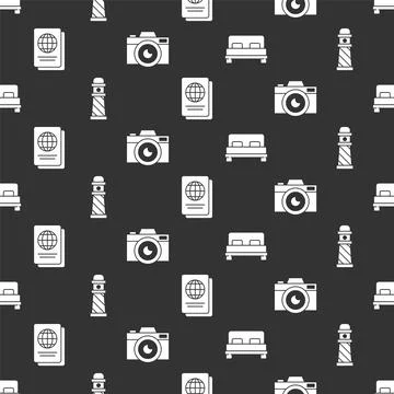 Set Big bed, Lighthouse, Passport and Photo camera on seamless pattern. Vector Illustrazione stock
