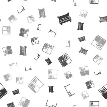 Set Big bed, Office desk, Library bookshelf and on seamless pattern. Vector Stock Illustration