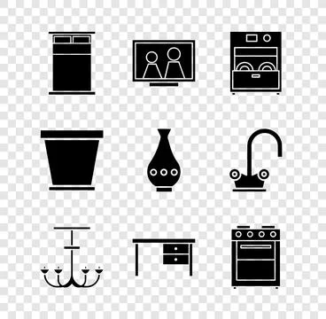 Set Big bed, Picture frame on table, Kitchen dishwasher machine, Chandelier,  Stock Illustration