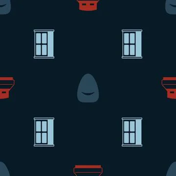 Set Big bed, Pouf and Wardrobe on seamless pattern. Vector Stock Illustration