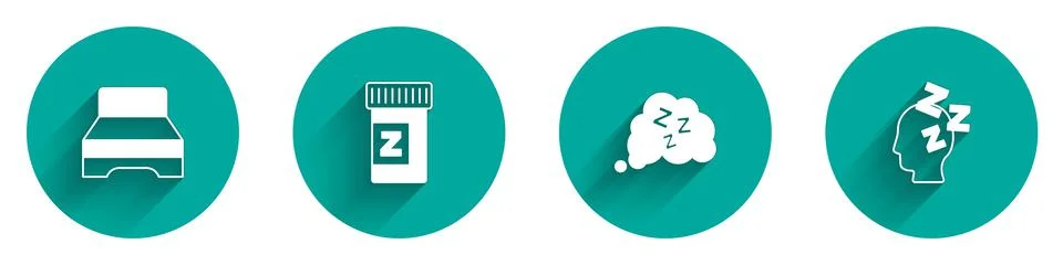 Set Big bed, Sleeping pill, Sleepy and Dreams icon with long shadow. Vector Stock Illustration