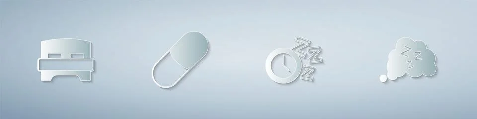 Set Big bed, Sleeping pill, Alarm clock and Sleepy. Paper art style. Vector Illustrazione stock