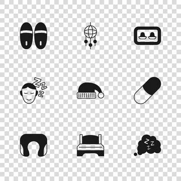 Set Big bed Sleeping pill Sleepy hat Earplugs with storage box Slippers Dream Illustrazione stock