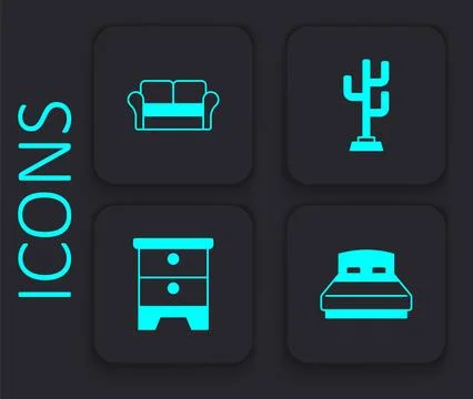 Set Big bed, Sofa, Coat stand and Furniture nightstand icon. Black square button Ilustração Stock