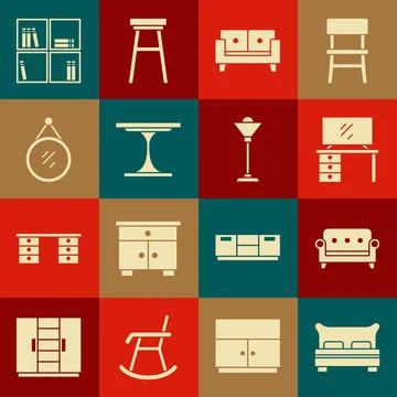 Set Big bed, Sofa, TV table stand, Round, Mirror, Shelf with books and Floor Stock Illustration