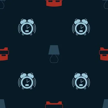 Set Big bed, Table lamp and Alarm clock on seamless pattern. Vector Ilustración de archivo