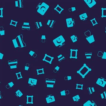 Set Big bed, Table lamp, Moon and stars and Pillow on seamless pattern. Vector 스톡 일러스트