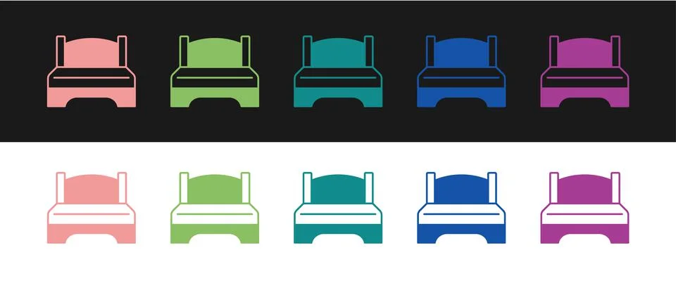 Set Big bed for two or one person icon isolated on black and white background Stock Illustration