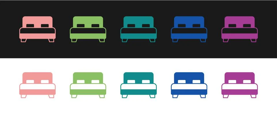 Set Big bed for two or one person icon isolated on black and white background Stock Illustration