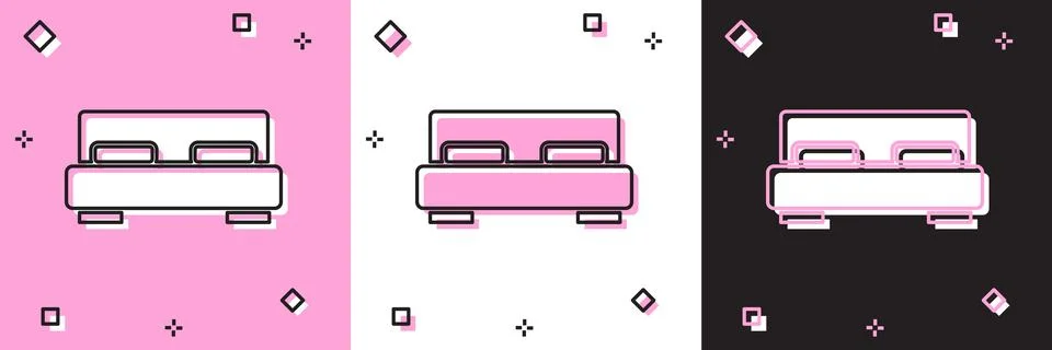 Set Big bed for two or one person icon isolated on pink and white, black back Illustrazione stock