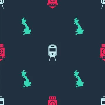 Set Big Ben tower, Tram and railway and England map on seamless pattern. Vector Stock Illustration