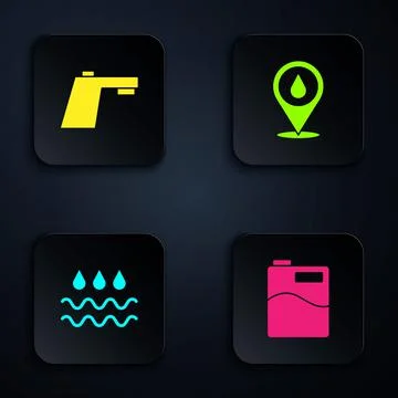 Set Big bottle with clean water, Water tap, Wave drop and location. Black square Illustrazione stock