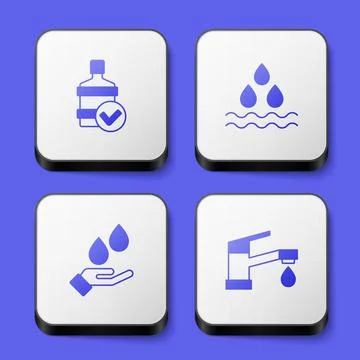 Set Big bottle with clean water, Water drop, Washing hands soap and tap icon Illustrazione stock