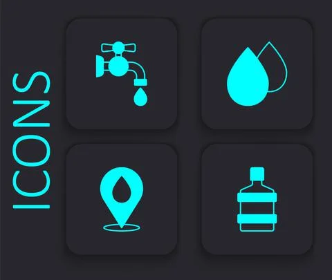 Set Big bottle with clean water, Water tap, drop and location icon. Black square Illustrazione stock