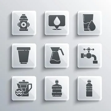 Set Big bottle with clean water, Bottle of, Water tap, Jug glass, jug filter, Stock Illustration