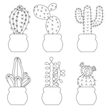 Set of big cacti in doodle style. Vector illustration isolated on white bac.. Stock Illustration