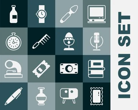 Set Big full length mirror, Book, Microphone, Silver spoon, Hairbrush, Pocket Stock Illustration
