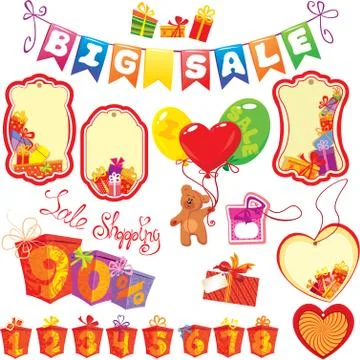 Set big sale elements for design - colorful gift boxes, presents, labels, ted Stock Illustration