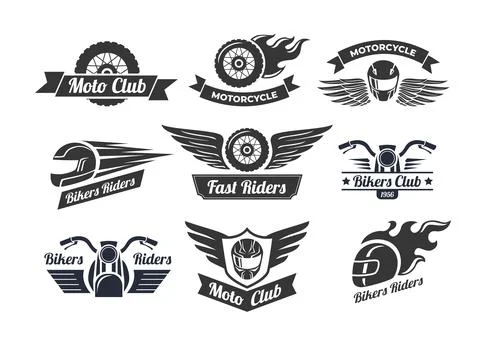 Set of biker emblem set collection, motorcycle badge logo set, exhaust, whe.. Stock Illustration