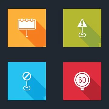 Set Billboard with lights, Exclamation mark in triangle, Stop sign and Speed Stock Illustration