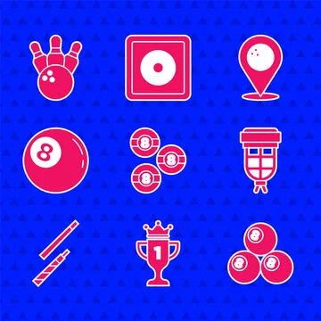 Set Billiard ball, Award cup, pocket, cue, Location with bowling and Bowlin.. Stock Illustration