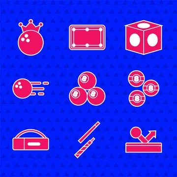 Set Billiard ball, cue, Case for billiard, Bowling, chalk and icon. Vector Stock Illustration