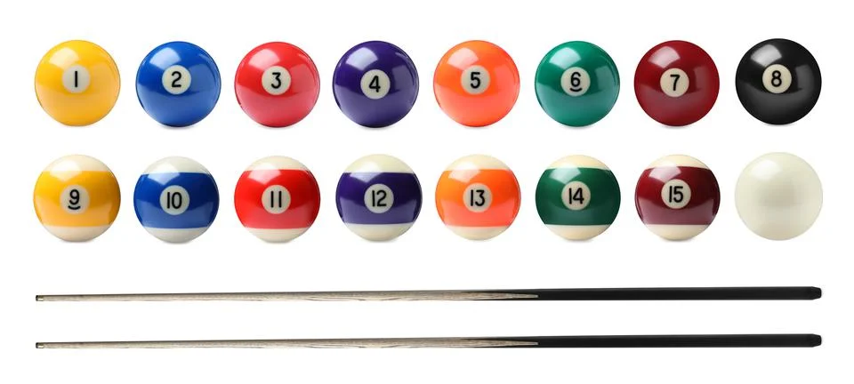 Set with billiard balls and wooden cues on white background. Banner design Stock Photos