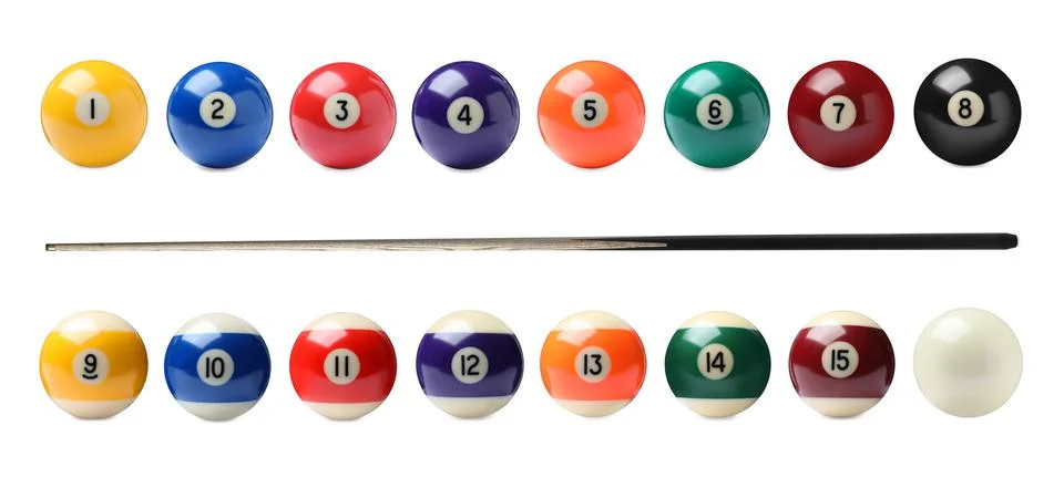 Set with billiard balls and wooden cue on white background. Banner design Stock Photos