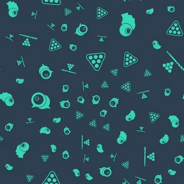 Set Billiard balls in rack triangle, , and cue and on seamless pattern. Vector Stock Illustration