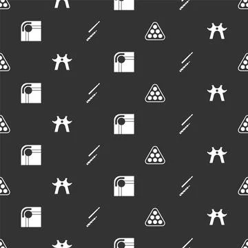 Set Billiard balls in rack triangle, rest, table and cue on seamless pattern Stock Illustration