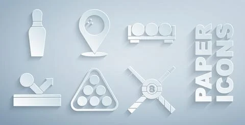 Set Billiard balls in rack triangle, on stand, Crossed billiard cues, Location Illustrazione stock