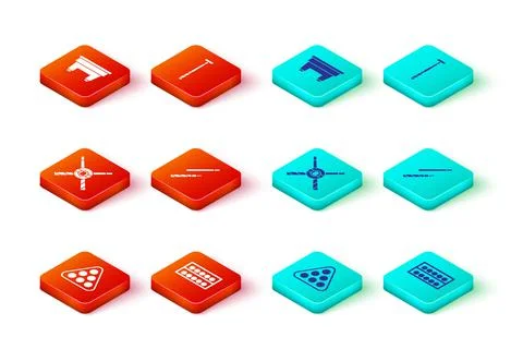 Set Billiard balls in rack triangle, on stand, Crossed billiard cues, and table Illustrazione stock