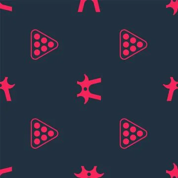 Set Billiard balls in rack triangle and rest on seamless pattern. Vector Illustrazione stock