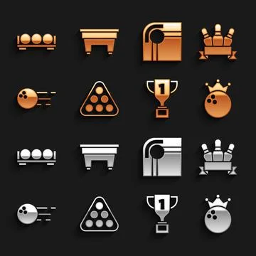 Set Billiard balls in rack triangle, Bowling pin, Award cup, table, on stand and Illustrazione stock