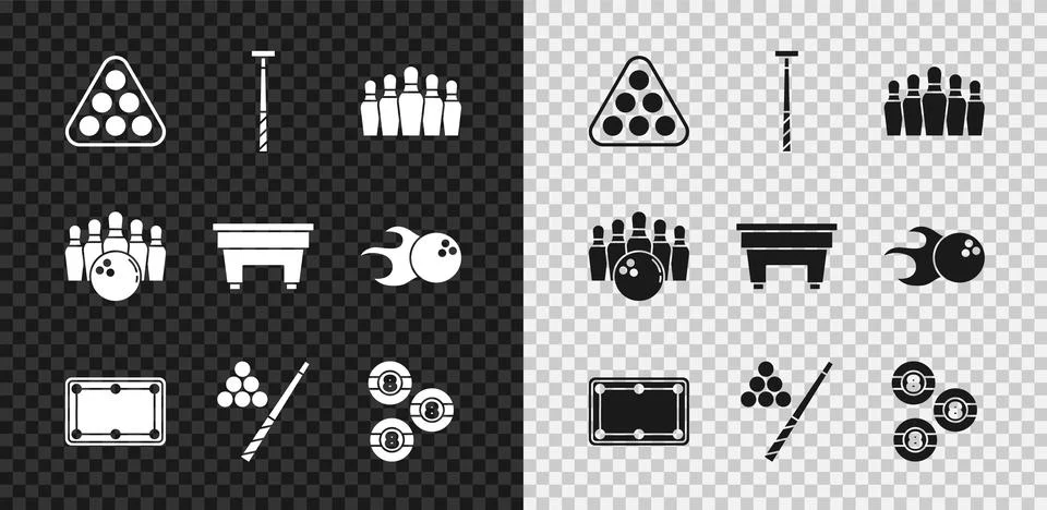 Set Billiard balls in rack triangle, cue, Bowling pin, table, and,  and  ic.. Illustrazione stock