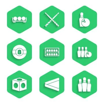 Set Billiard balls on a stand, triangle, Bowling pin, chalk, and icon. Vector Illustrazione stock