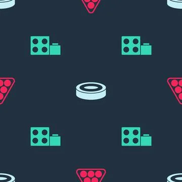 Set Billiard balls in triangle, Checker game chips and Toy building block bricks Ilustración de archivo
