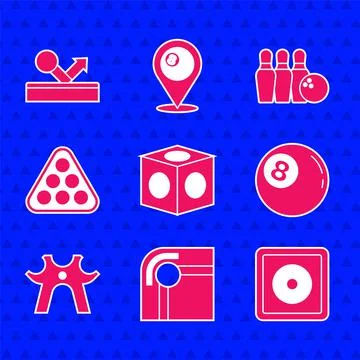 Set Billiard chalk, table, ball, rest, balls in rack triangle, Bowling pin and 库存插图